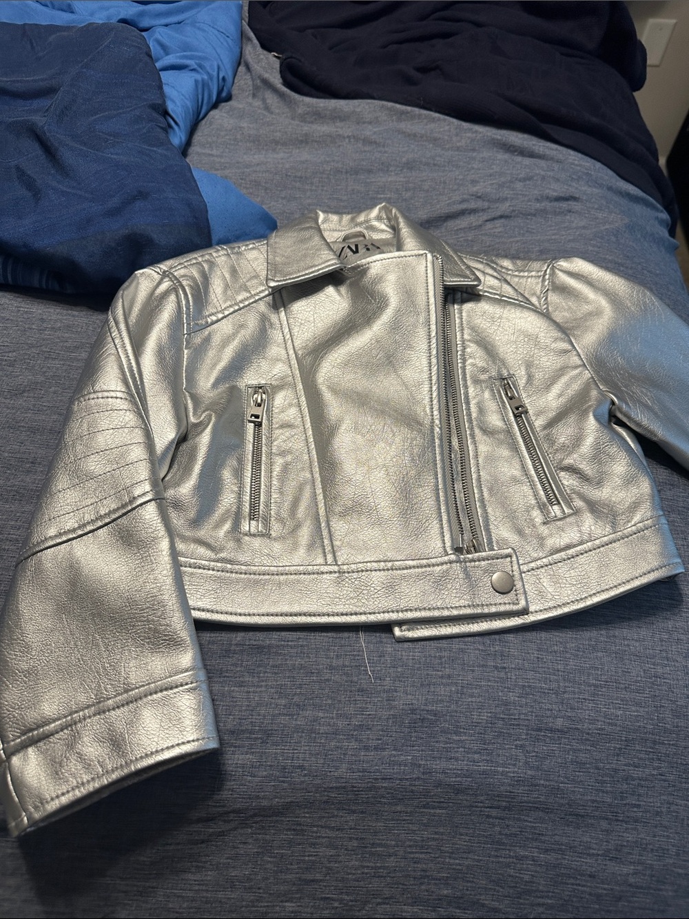 Zara Silver Metallic Cropped Moto Jacket - Girls